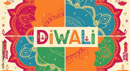 Colorful Diwali Festival Celebration Vector Illustration with Stylized Text, Traditional Mandalas, Diyas, and Fireworks