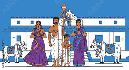 South Indian Family Celebrating a Traditional Festival with Gudi and Decorated Cows in Front of a Rural House, Flat Vector Illustration