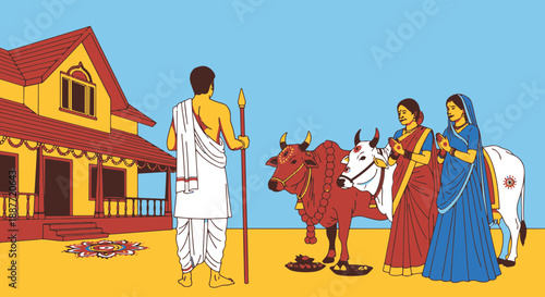 Cultural Scene of an Indian Family and Adorned Cows Greeting a Priest for a Traditional House Blessing