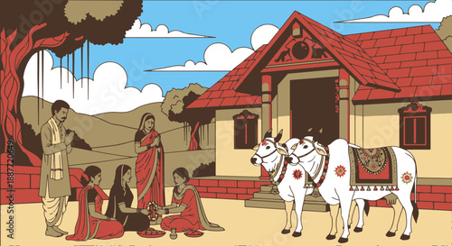 Traditional Indian Village Scene Depicting a Family Performing a Cultural Ritual with Decorated Oxen Outside Their Rustic Home