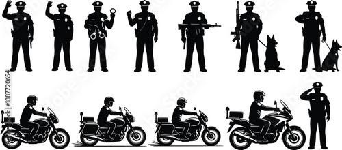 Police officer and motorcycle patrol silhouettes with dog units, black and white vector illustration set for law enforcement and security design