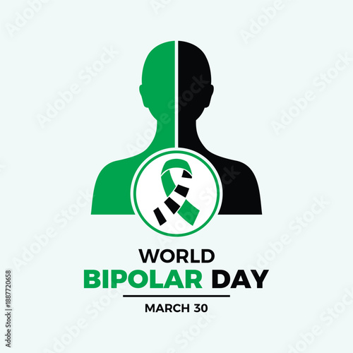 World Bipolar Day poster vector illustration. Green and black and white striped awareness ribbon icon. Split personality symbol. Template for background, banner, card. 30 March every year