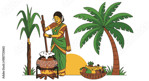 Traditional Indian Woman Cooking a Festive Harvest Dish over Fire, with Sugarcane, Palm Tree, and Fruits