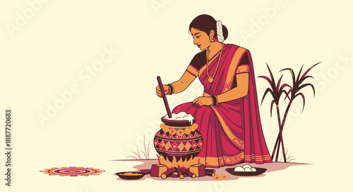 South Indian Woman Performing Traditional Pongal Cooking Ritual with Sugarcane and Kolam Design for Harvest Festival Celebration