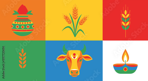 Colorful Flat Vector Illustration Depicting Indian Cultural and Agricultural Festival Symbols Like Wheat, Kalash, Bull, and Diya