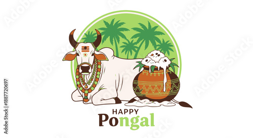 Festive Happy Pongal Celebration Vector Illustration with a Decorated Sacred Bull and Overflowing Traditional Sweet Rice Pot