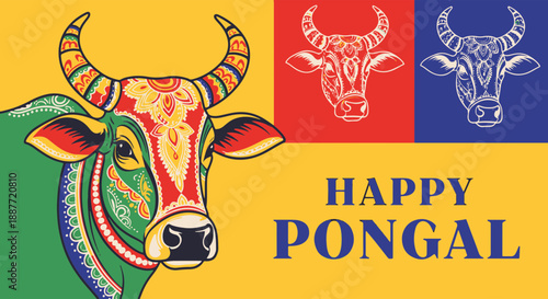 Colorful Traditional Indian Decorated Bull Illustration and Happy Pongal Festival Greeting Card Design