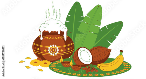Vibrant Vector Illustration Depicting South Indian Harvest Festival with Steaming Pongal Pot and Traditional Offerings