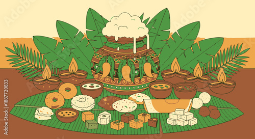 Festive South Indian Harvest Celebration Featuring Traditional Pongal Pot, Delicious Food, Sweets, and Lit Diyas