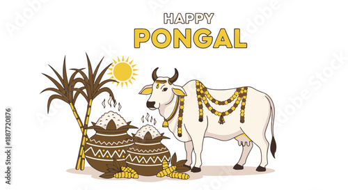 Traditional Happy Pongal Harvest Festival Vector Illustration Featuring a Decorated Cow, Boiling Rice Pots, Sugarcane, and the Sun