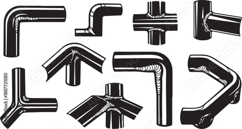 Black and white illustration of various pipe fittings collection