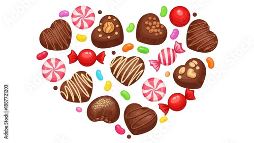 Assortment of heart-shaped chocolates and candies arranged in a heart shape perfect for Valentines Day or sweet gift concepts