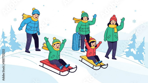 Happy family sledding down snowy hill winter outdoor activity children and adults enjoying snow flat vector illustration