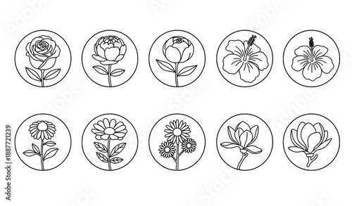 Flower Badge Icons | Vector Line Art Set with Editable Stroke