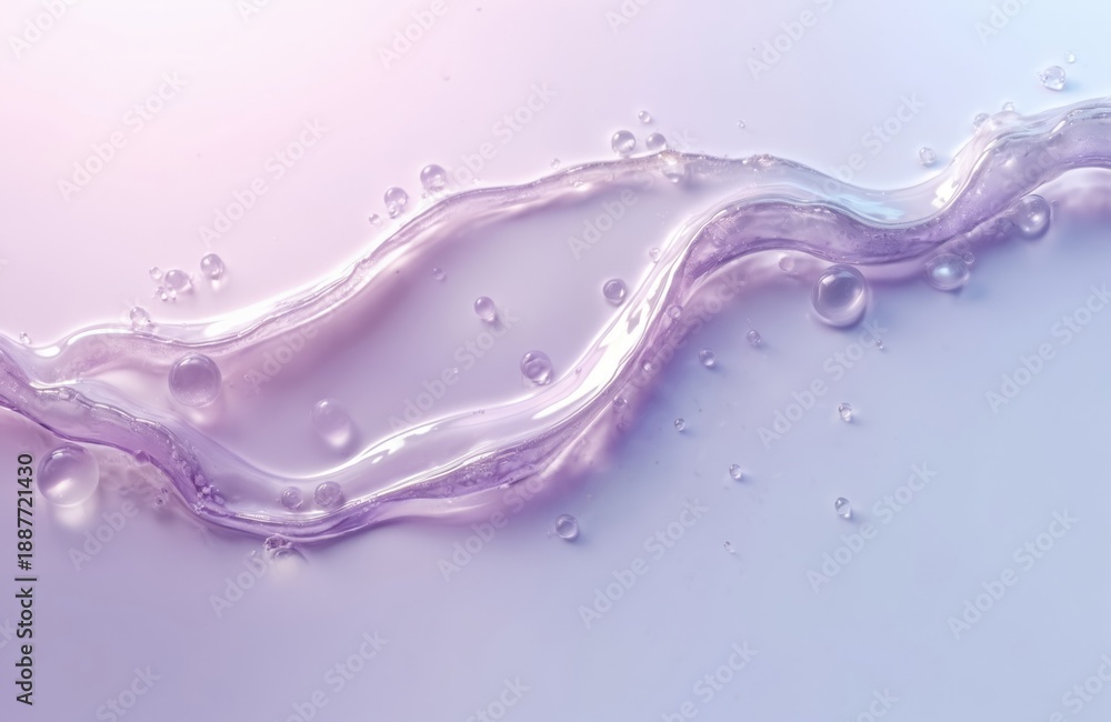 Obraz premium Translucent purple gel with air bubbles flows in wavy line against soft pastel gradient. Smooth liquid surface forms abstract design element. Cosmetic skincare texture sample.