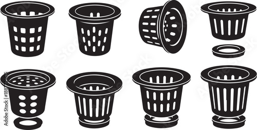 Set of black trash can icons in various positions
