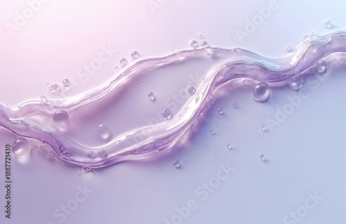 Translucent purple gel with air bubbles flows in wavy line against soft pastel gradient. Smooth liquid surface forms abstract design element. Cosmetic skincare texture sample. © miss irine