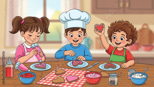 Children decorating heart shaped cookies in a kitchen fun baking activity for kids creative hobby and family time concept