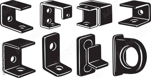 Various metal bracket designs and shapes in black and white