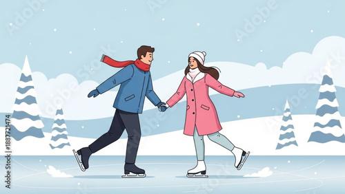 Couple ice skating hand in hand on a frozen lake winter outdoor activity romantic date in snowy landscape flat vector illustration
