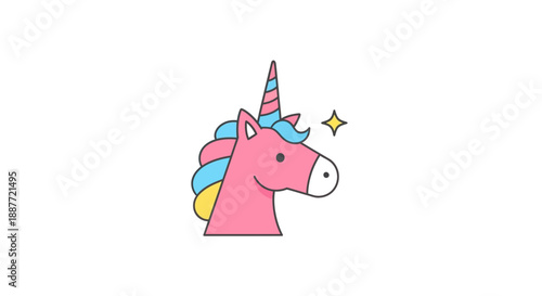 Cute pink unicorn head illustration with rainbow mane and sparkling horn in simple doodle style on an isolated white background