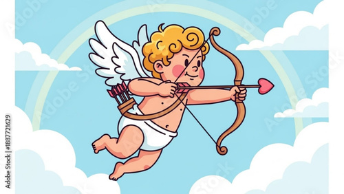 Cute cupid angel with bow and arrow flying in sky vector illustration for Valentines Day and love concepts