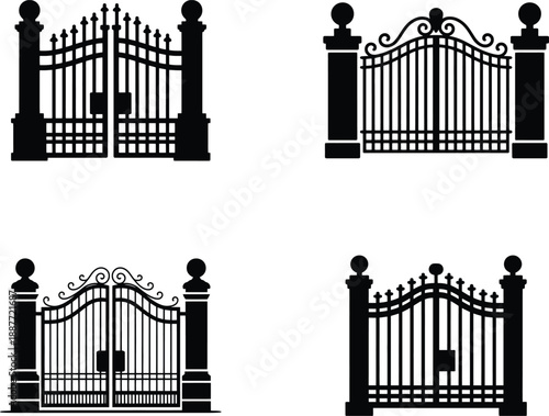 Four different wrought iron gates with unique designs on a white background