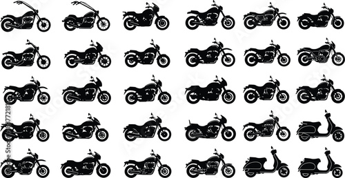 Comprehensive set of motorcycle and scooter silhouettes in various styles, black and white vector icon collection for transport design projects