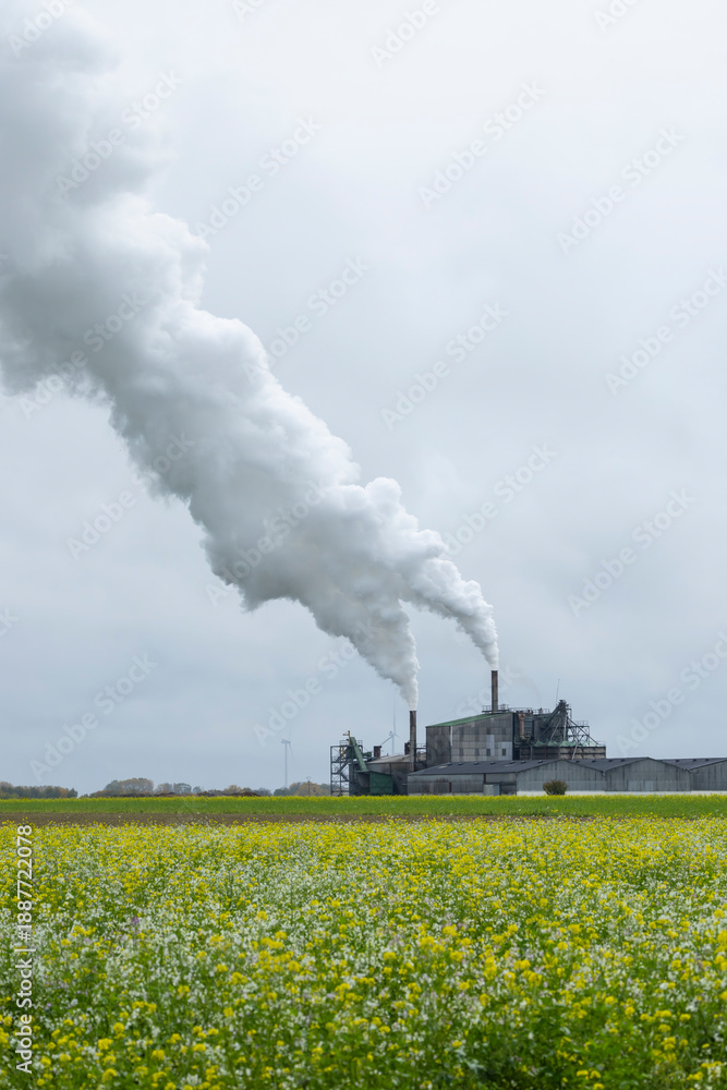 Fototapeta premium Industrial factory polluting sky with smoke over blooming field