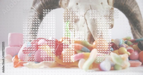 Mist drifting, green goo oozing from skull onto candies, pulsing dot grid hiding, revealing objects