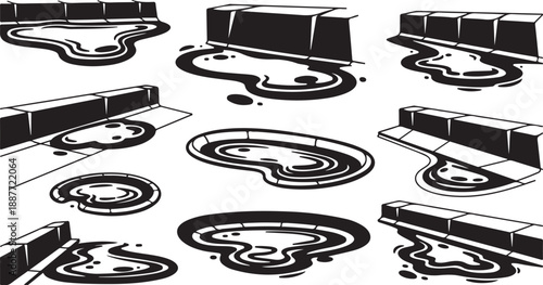 Black and white illustration of water puddles on sidewalk