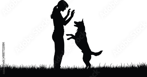 Silhouette of person raising arms toward dog standing on hind legs, outdoor interaction and training theme illustration, transparent background graphic