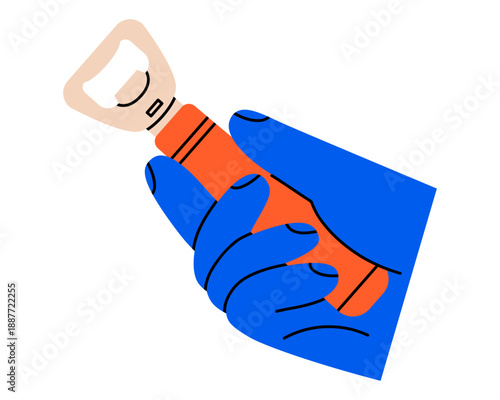 Hand drawn cute illustration of hand holding bottle opener. Flat vector beverage cap remover in human arm sticker doodle. Party or festival concept icon. Cheers at celebration event. Isolated.