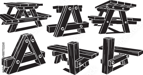 Various picnic table designs and angles illustration set