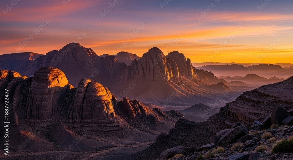 Fototapeta premium Sunset over majestic desert mountains and valleys.