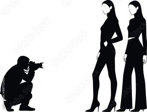 Silhouette of photographer capturing two fashion models, artistic and professional photo session theme illustration, transparent background graphic