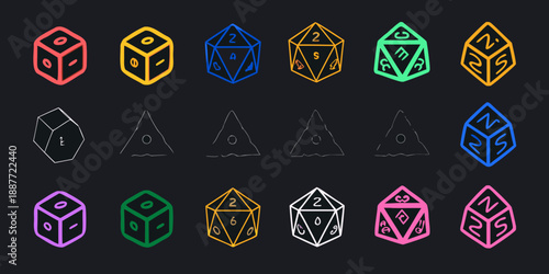 Colorful outlines and wireframe depictions of various polyhedral dice presented