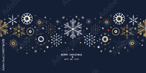 Festive winter background with golden and white snowflake designs and greetings