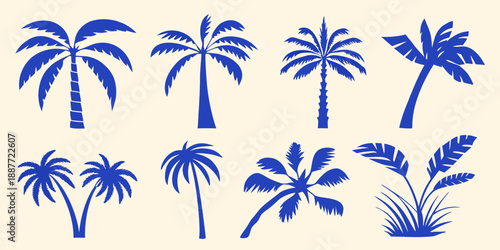 A collection of various blue palm tree silhouettes against a neutral background