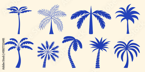 A collection of various blue palm tree silhouettes against a light background