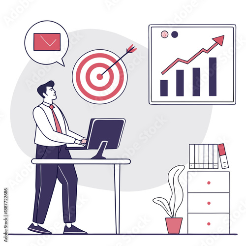 Businessman working on computer achieving goals and showing business growth statistics.