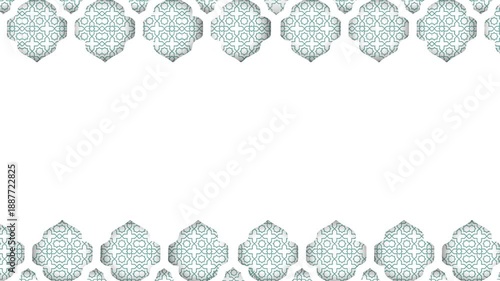 Traditional Arabic graphic animation with ornate geometric patterns, arabesques, and decorative patterns in white. White background. Looping Ramadan, Eid al-Adha, Islamic design graphic animation.