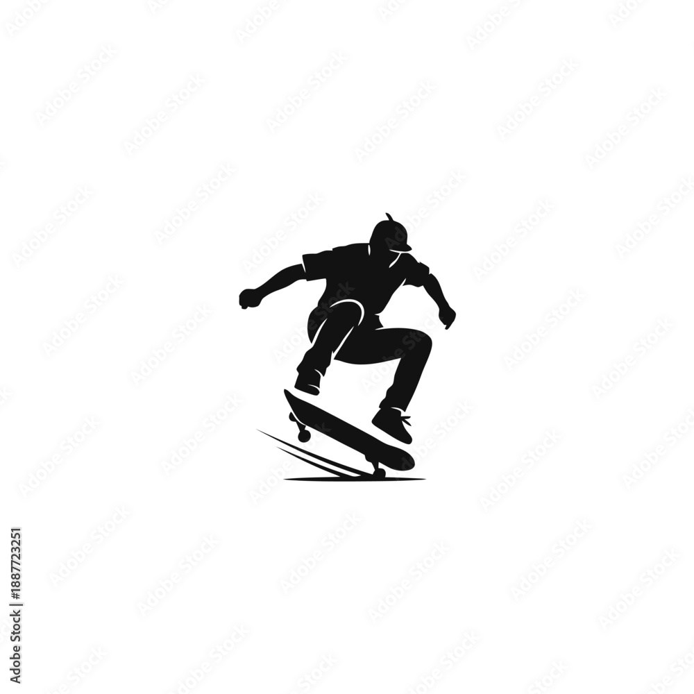 Fototapeta premium Silhouette of a skateboarder performing a trick on a skateboard.