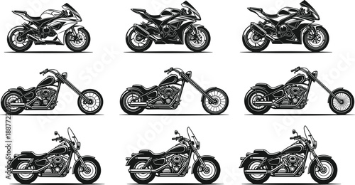 Set of detailed motorcycle silhouettes in sport, chopper, and cruiser styles, black and white vector illustration for transport design projects