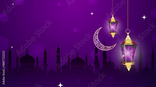 4K Animated Ramadan Kareem Background with luxurious purple and gold background of Lantern lights and Cresent moon and elegant, suitable for social media, Ramadan events and other festivals