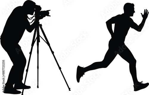 Silhouette of tripod photographer capturing runner in motion, sports documentation and action theme illustration, transparent background graphic