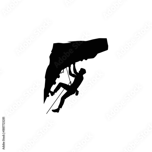 Silhouette of a climber ascending a rocky cliff face.
