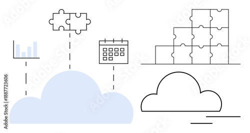 Cloud computing concept. Cloud connected with puzzles, graphs, and schedules cloud computing integration and data management. Suitable for technology, business, data, IT solutions, collaboration