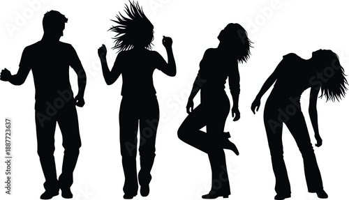Silhouettes of four dancing figures in expressive poses, rhythm and movement theme illustration, transparent background graphic