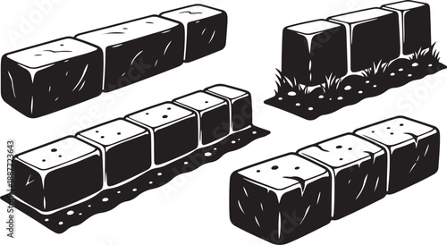 Illustration of various concrete blocks in different settings shown